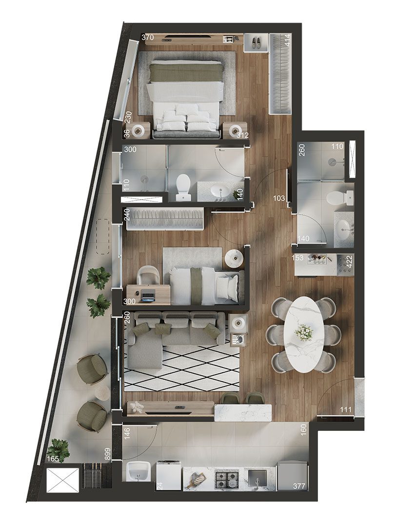 Planta ilustrativa do apartamento de 2 quartos